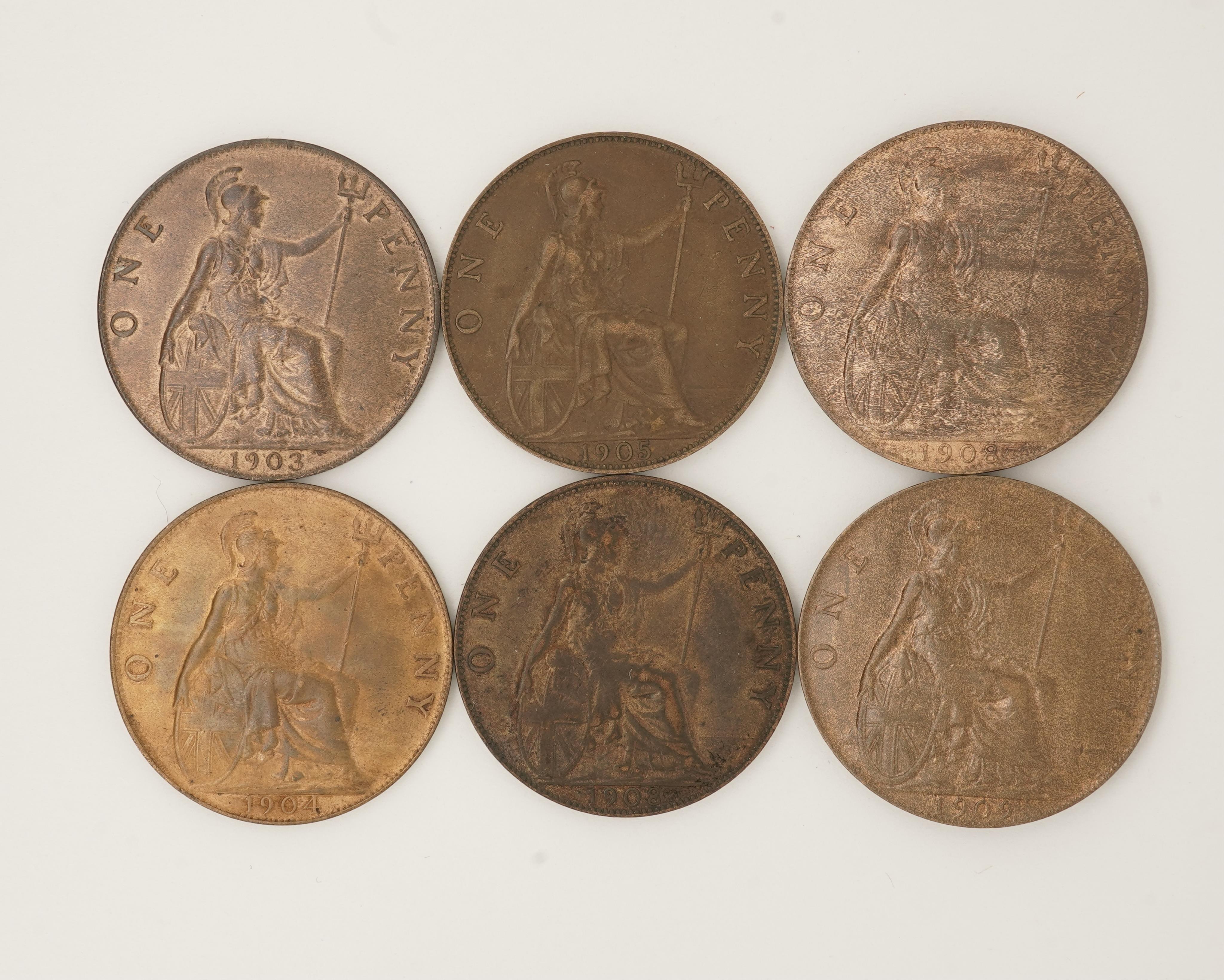 British coins, Edward VII, six bronze pennies;, 1903, about EF, lustre, 1904, VF, lustre, 1905, good fine, dark toned, two 1908, both VF, one dark toned the other lustrous, 1909, about VF, toning and lustre